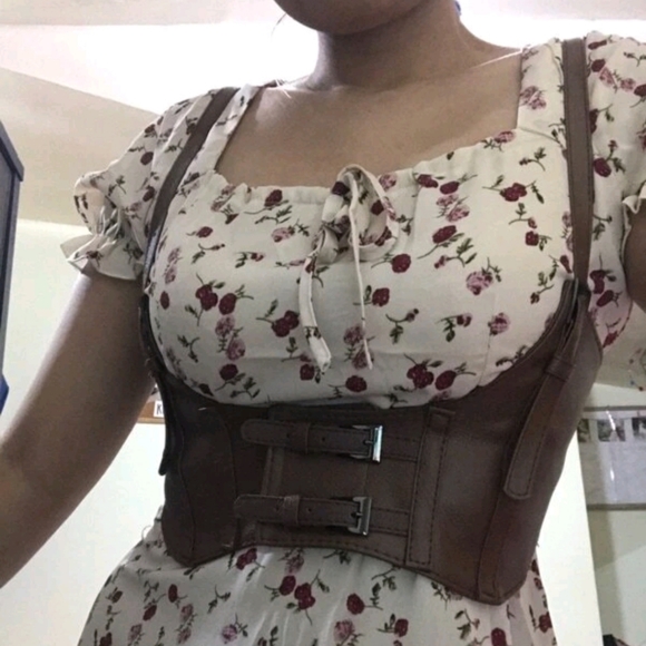 Brown wide waist belt faux leather corset harness buckle suspenders steampunk - Picture 14 of 16